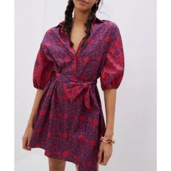 ~ Anthropologie XL Sachin & Babi Nightingale Mini Boho Dress Red Blue Floral - Picture 1 of 16